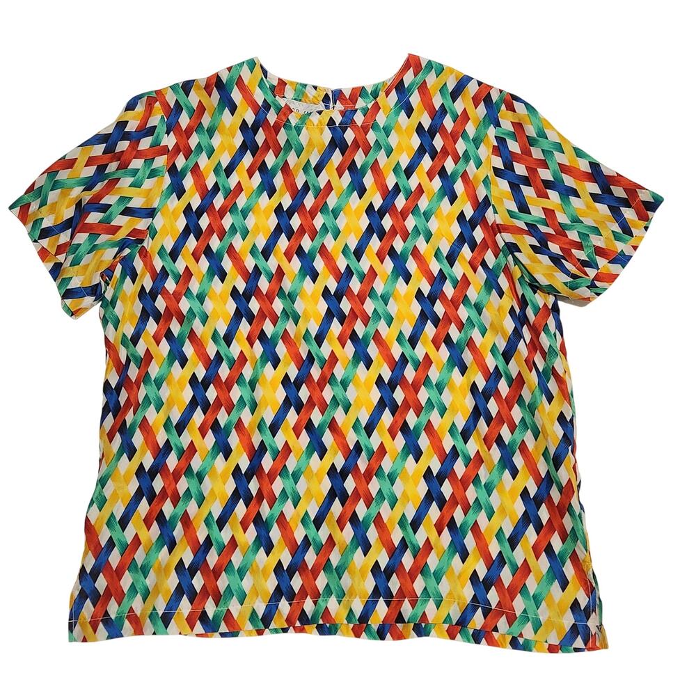 Bedford Fair Lifestyles 100% Silk Blouse Womens L Vintage 90s Geometric